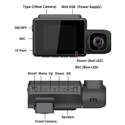 Versatile Three-Channel Dash Cam for Vehicle Monitoring and Recording showing labeled ports, buttons, front and rear camera layout