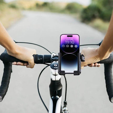 Semi-Wrapped Motorcycle Phone Holder for Hands-Free Navigation mounted on bike handlebars showing phone in use