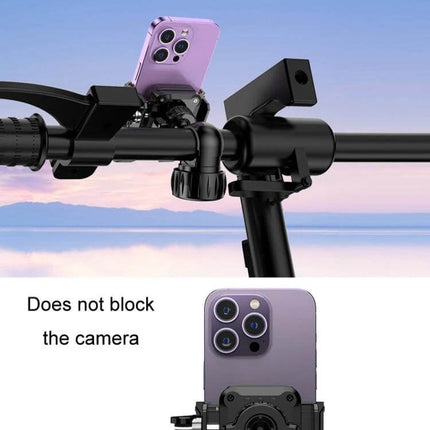 Semi-Wrapped Motorcycle Phone Holder for Hands-Free Navigation mounted on bike handlebar showing phone secured without blocking camera