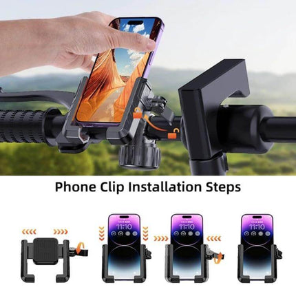 Semi-Wrapped Motorcycle Phone Holder for Hands-Free Navigation mounted on bike handlebar showing one-hand phone placement and installation steps