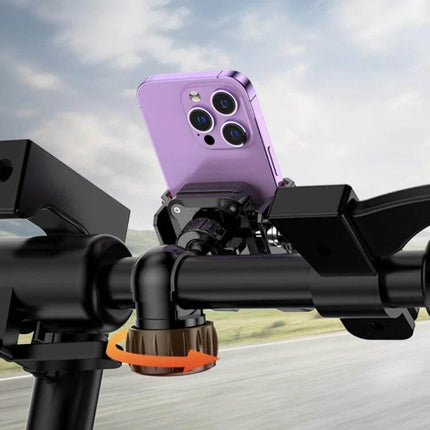 Semi-Wrapped Motorcycle Phone Holder for Hands-Free Navigation mounted on handlebar with purple phone and silicone grip