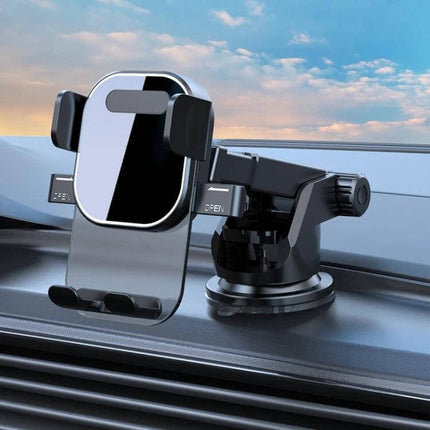 Car Phone Holder With Automatic Lock Dashboard Mount on car dashboard with gravity-sensing clamp and bottom charging port, ABS silicone construction