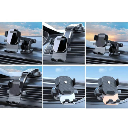 Car Phone Holder With Automatic Lock Dashboard Mount showing black ABS silicone clamp on car dashboard with charging access