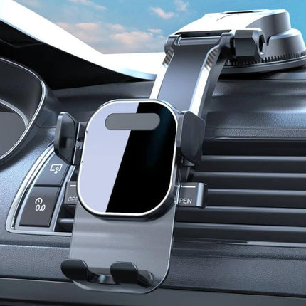 Car Phone Holder With Automatic Lock Dashboard Mount on car dashboard showing gravity-sensing clamp and bottom charging port