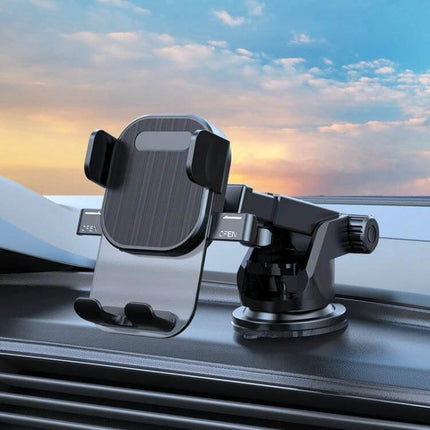 Car Phone Holder With Automatic Lock Dashboard Mount on car dash, gravity-sensing clamp, bottom charging port, ABS silicone construction