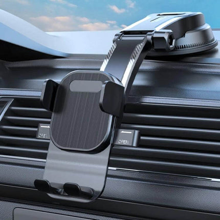 Car Phone Holder With Automatic Lock Dashboard Mount on car dashboard vent using gravity-sensing clamp and bottom charging port, ABS silicone build