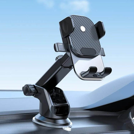 Car Phone Holder With Automatic Lock Dashboard Mount on car dashboard, gravity-sensing clamp, ABS silicone construction, bottom charging port, hands-free