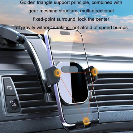 Car Phone Holder With Automatic Lock Dashboard Mount showing gravity-sensing clamp, bottom charging port, ABS silicone build on car vent