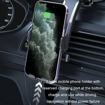 Car Phone Holder With Automatic Lock Dashboard Mount showing phone charging in gravity clamp on car vent, ABS silicone durable construction