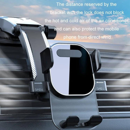 Car Phone Holder With Automatic Lock Dashboard Mount showing gravity-sensing clamp on car air vent with bottom charging port and silicone pads