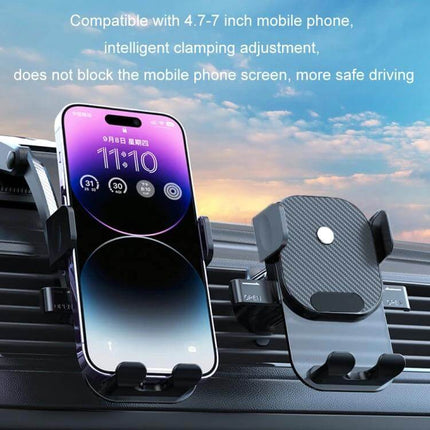 Car Phone Holder With Automatic Lock Dashboard Mount showing gravity-sensing clamp on car vent holding a 4.7–7 inch phone, ABS silicone build, bottom charging port