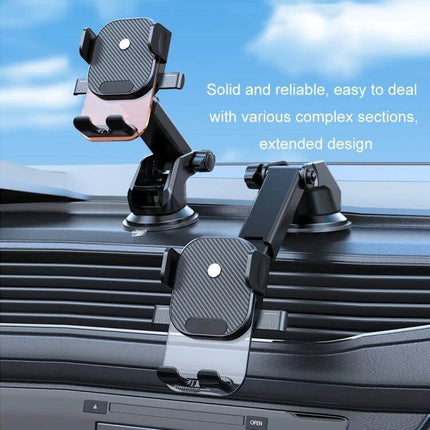 Car Phone Holder With Automatic Lock Dashboard Mount showing gravity-sensing clamp, adjustable arm and bottom charging port on car dashboard