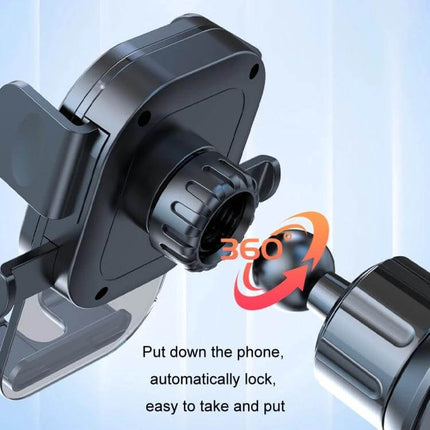 Car Phone Holder With Automatic Lock Dashboard Mount showing gravity clamp, 360° ball joint and bottom charging port on ABS silicone build
