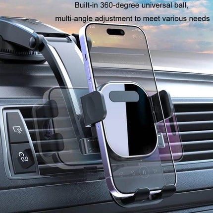 Car Phone Holder With Automatic Lock Dashboard Mount on vent, gravity-sensing clamp and bottom charging port holding smartphone securely