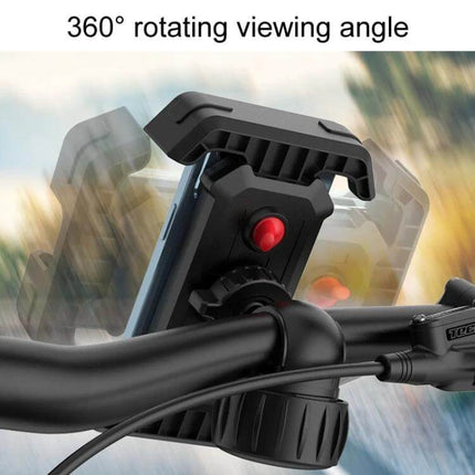 Motorcycle Bicycle Riding Navigation Cell Phone Holder for Handlebar mounted on bike handlebar showing 360° rotation and one-handed operation