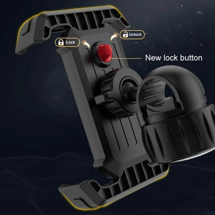 Motorcycle Bicycle Riding Navigation Cell Phone Holder for Handlebar showing new lock button, 360° rotating ABS PC mount for secure handlebar GPS