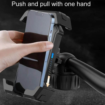 Motorcycle Bicycle Riding Navigation Cell Phone Holder for Handlebar showing one-handed push-pull mounting and 360° rotation on handlebars