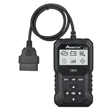 AERMOTOR Tool for Daily Car Maintenance and Troubleshooting handheld OBD2 scanner showing cable, screen icons and control buttons
