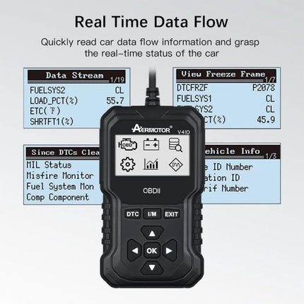 AERMOTOR Tool for Daily Car Maintenance and Troubleshooting handheld OBD2 scanner showing live data stream and diagnostic screen