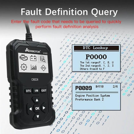 AERMOTOR Tool for Daily Car Maintenance and Troubleshooting handheld OBD2 scanner showing DTC lookup and fault definition query screen