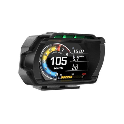 Head-Up Display for Vehicle Speed and Mileage Monitoring showing digital speed, mileage, RPM and LCD HUD mounted on windshield