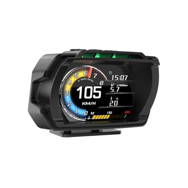 Head-Up Display for Vehicle Speed and Mileage Monitoring showing digital speed, mileage, RPM and LCD HUD mounted on windshield