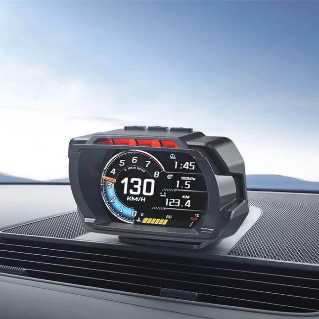 Head-Up Display for Vehicle Speed and Mileage Monitoring showing digital speed, mileage and RPM on dashboard HUD screen
