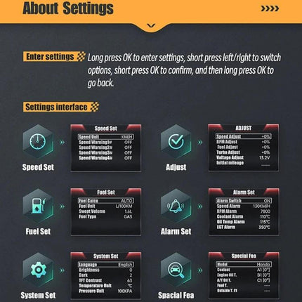 Head-Up Display for Vehicle Speed and Mileage Monitoring settings menu showing speed, fuel, alarm and system set screens on LCD