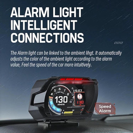 Head-Up Display for Vehicle Speed and Mileage Monitoring showing speed, mileage and alarm light on windshield HUD
