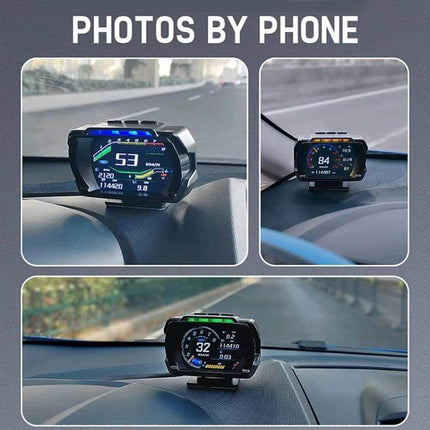 Head-Up Display for Vehicle Speed and Mileage Monitoring on dashboard showing speed, mileage and real-time data on windshield HUD
