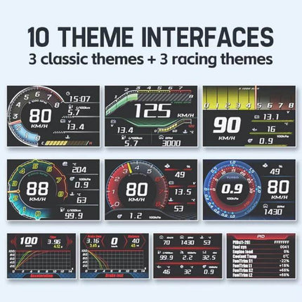 Head-Up Display for Vehicle Speed and Mileage Monitoring showing 10 theme LCD interfaces with speed, mileage and OBD II data