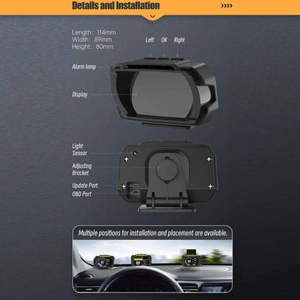 Head-Up Display for Vehicle Speed and Mileage Monitoring - OBD II HUD unit with LCD display, adjustable bracket, light sensor and installation positions