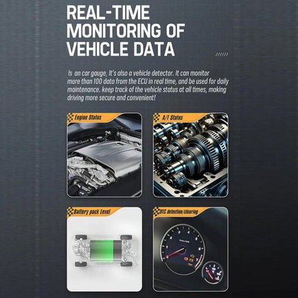 Head-Up Display for Vehicle Speed and Mileage Monitoring showing real-time engine, A/T, battery level and dash gauge data on windshield
