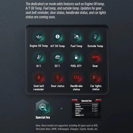 Head-Up Display for Vehicle Speed and Mileage Monitoring showing engine oil temp, fuel temp, gear, seat belt reminder and car light status icons on HUD