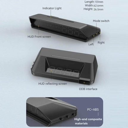 Head-up Display for Vehicle Speed and Temperature Monitoring compact HUD unit with HUD front screen, reflecting screen, OBD interface and mode switch
