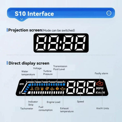Head-up Display for Vehicle Speed and Temperature Monitoring projecting speed, RPM, water temp and alerts on windshield