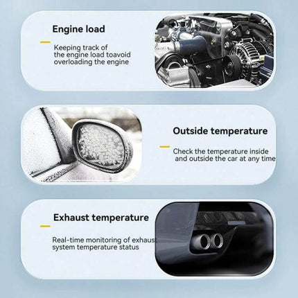 Head-up Display for Vehicle Speed and Temperature Monitoring showing engine load, outside temperature, and exhaust temperature indicators on windshield HUD