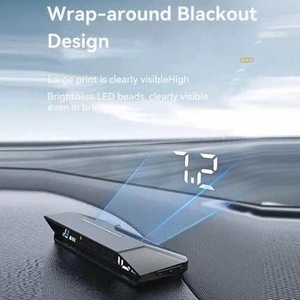 Head-up Display for Vehicle Speed and Temperature Monitoring projecting speed onto windshield with wrap-around blackout HUD unit
