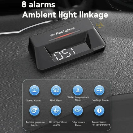 Head-up Display for Vehicle Speed and Temperature Monitoring projecting speed, water temp and alarms on windshield (8 alarms, ambient light linkage)