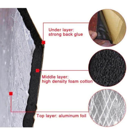 Car Hood Aluminum Foil Heat And Sound Insulation Pad showing aluminum foil top layer, high-density foam middle layer and strong adhesive under layer