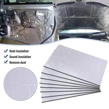 Car Hood Aluminum Foil Heat And Sound Insulation Pad installed on hood and doors showing reflective foil layers for heat and sound reduction