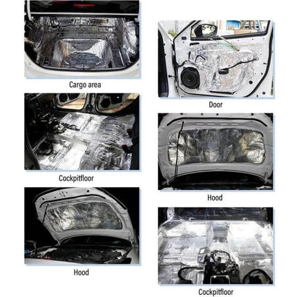 Car Hood Aluminum Foil Heat And Sound Insulation Pad installed on hood, door, cargo area and cockpit floor showing reflective aluminum sound and heat barrier