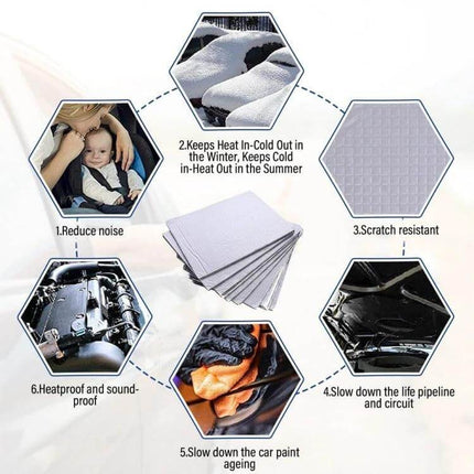 Car Hood Aluminum Foil Heat And Sound Insulation Pad showing insulated sheets and benefits like noise reduction, heatproofing, scratch resistance, and engine protection