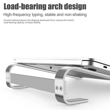 Aluminum Alloy Laptop Stand for 10-18 Inch Desktops showing load-bearing arch design and raised laptop for ergonomic posture