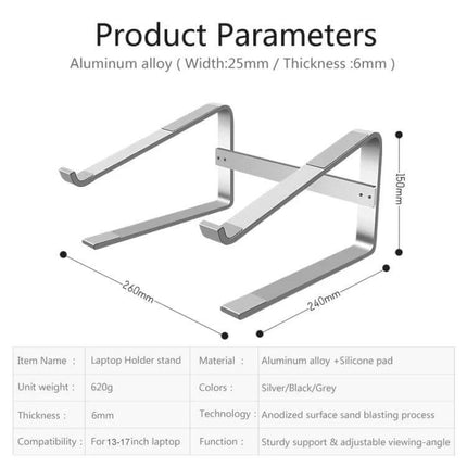 Aluminum Alloy Laptop Stand for Elevated Viewing and Heat Dissipation, 13-17 Inches - silver adjustable desktop laptop riser showing dimensions