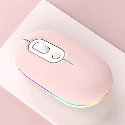 Rechargeable Silent Wireless Mouse with RGB Illumination in blush pink, slim ABS body with quiet clicks and rainbow edge lighting