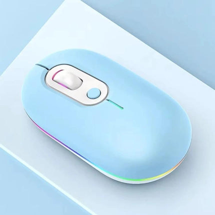 Rechargeable Silent Wireless Mouse with RGB Illumination in pastel blue, silent click, slim ergonomic ABS design with glowing RGB edges