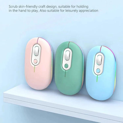 Rechargeable Silent Wireless Mouse with RGB Illumination - trio of pastel pink, green, blue silent wireless mice with RGB edge lighting and ergonomic ABS design