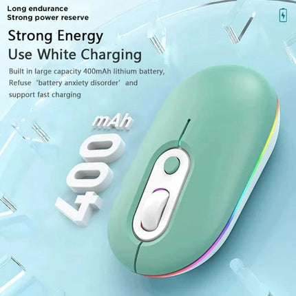 Rechargeable Silent Wireless Mouse with RGB Illumination in mint green showing silent click design, RGB edge lighting and 400mAh fast-charging label