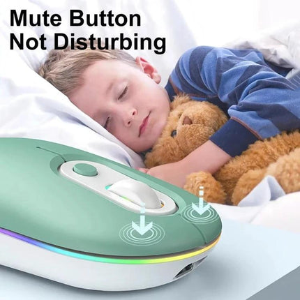 Rechargeable Silent Wireless Mouse with RGB Illumination shown near sleeping child highlighting mute button and quiet operation